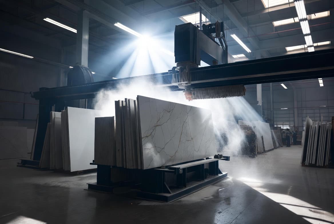 GraniteTop fabrication: bridge-saw cutting a slab in dramatic light.