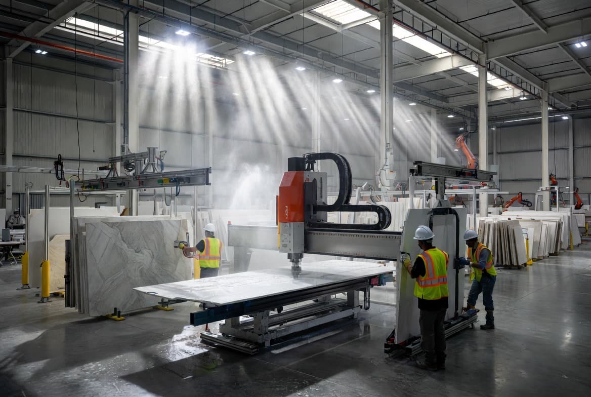 GraniteTop fabrication: CNC cutting a marble countertop on the shop floor.