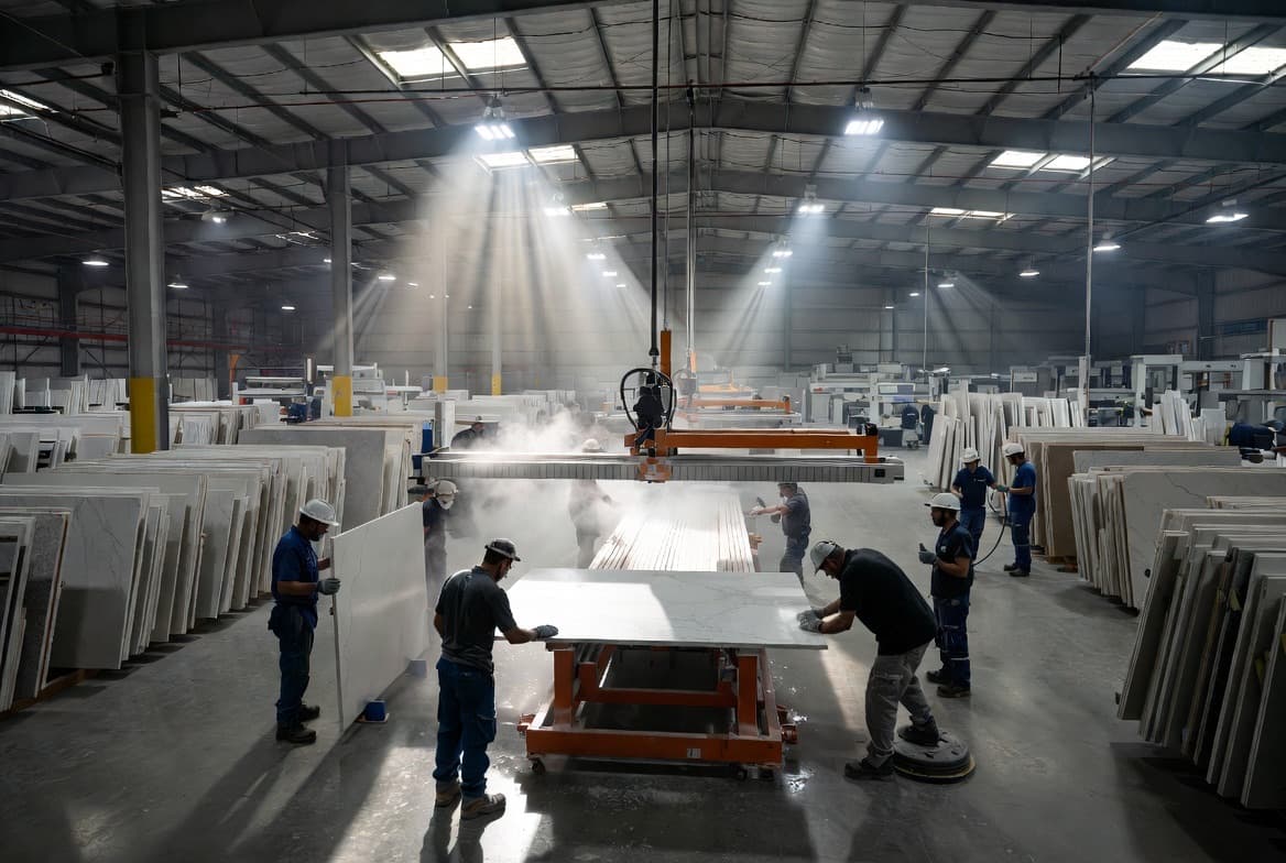 GraniteTop fabrication shop: workers polishing slabs across the warehouse.